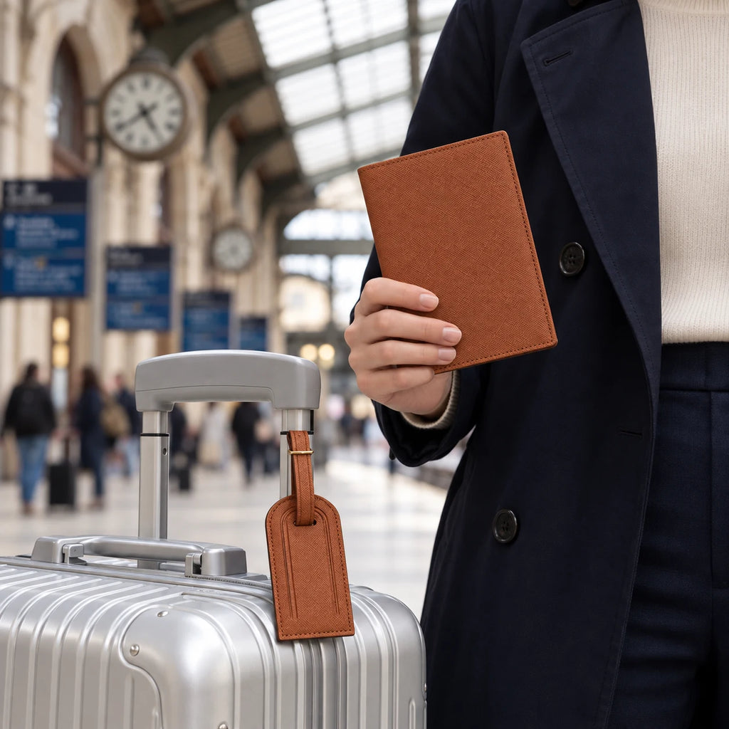 La Rochelle — porte-passeport marron cognac tenu en main et étiquette assortie