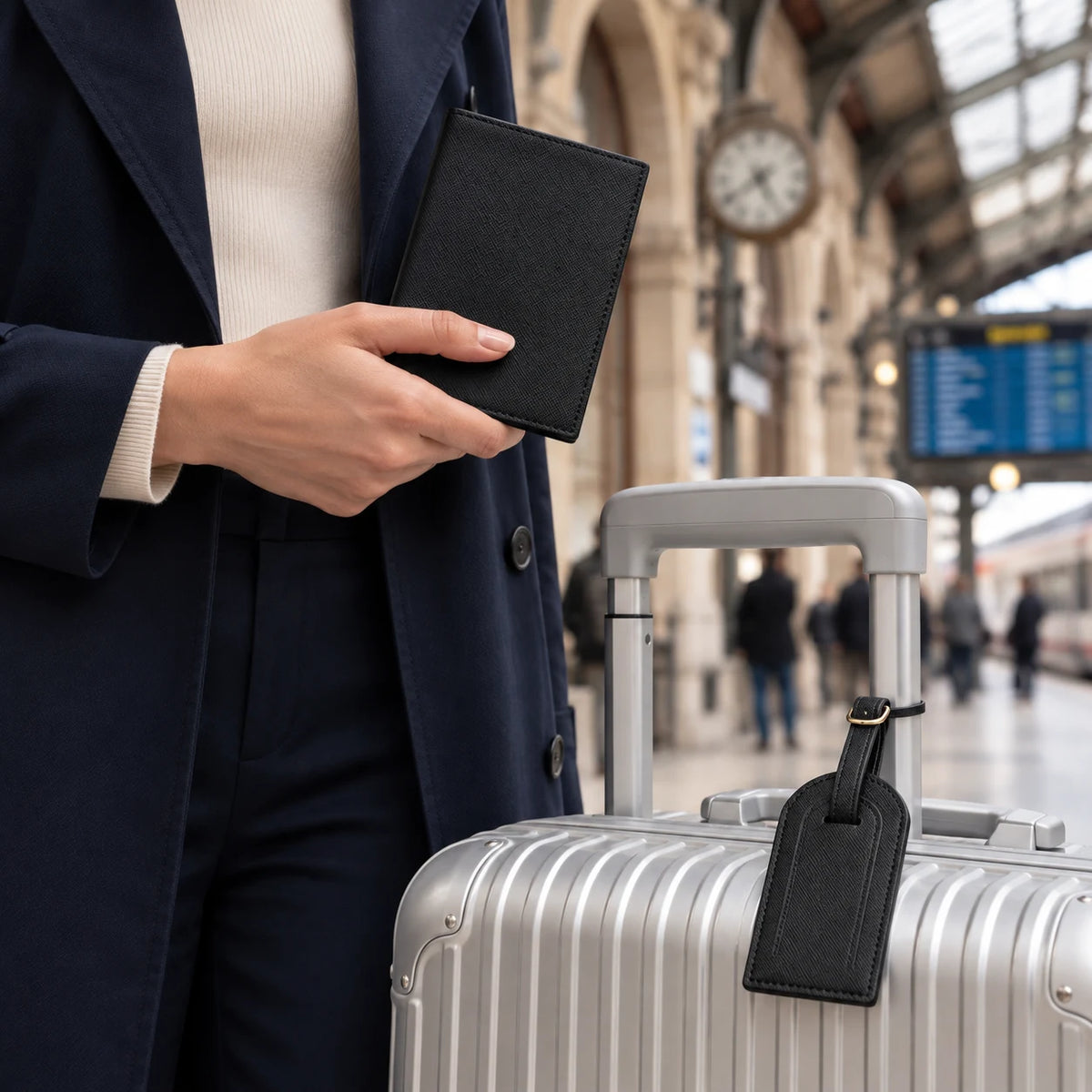 La Rochelle — porte-passeport noir tenu en main et étiquette assortie