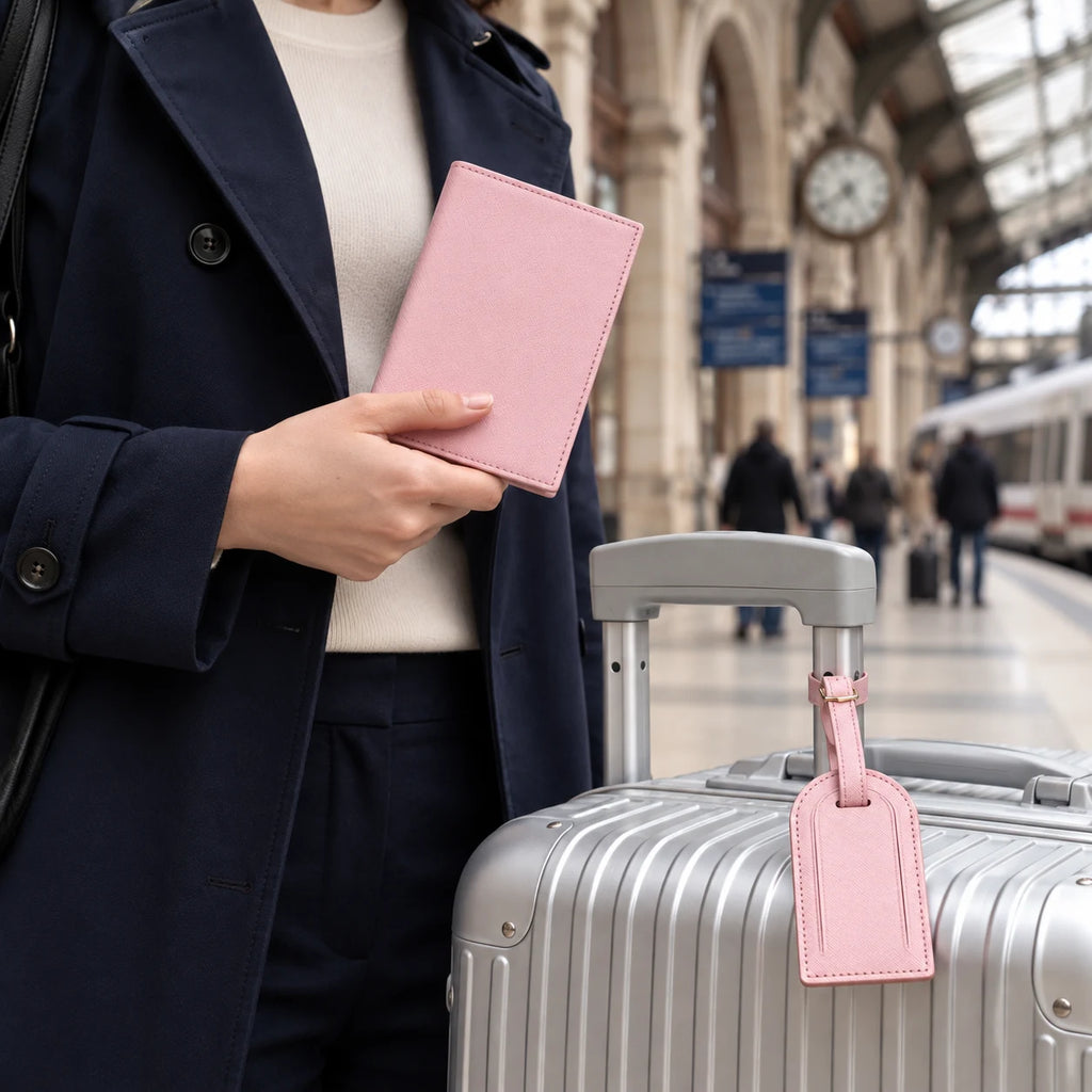 La Rochelle — porte-passeport rose tenu en main et étiquette assortie