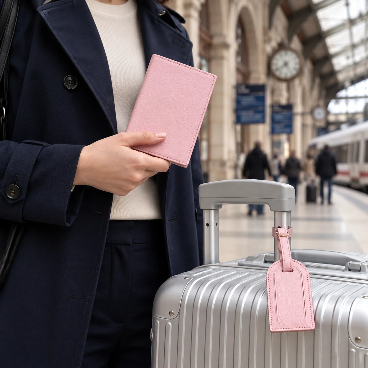 La Rochelle — porte-passeport rose tenu en main et étiquette assortie