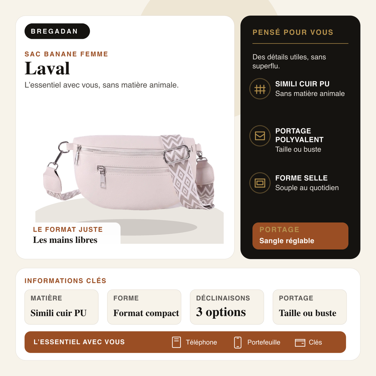 Laval — infographie Bregadan V3 : Simili cuir PU, portage taille ou buste
