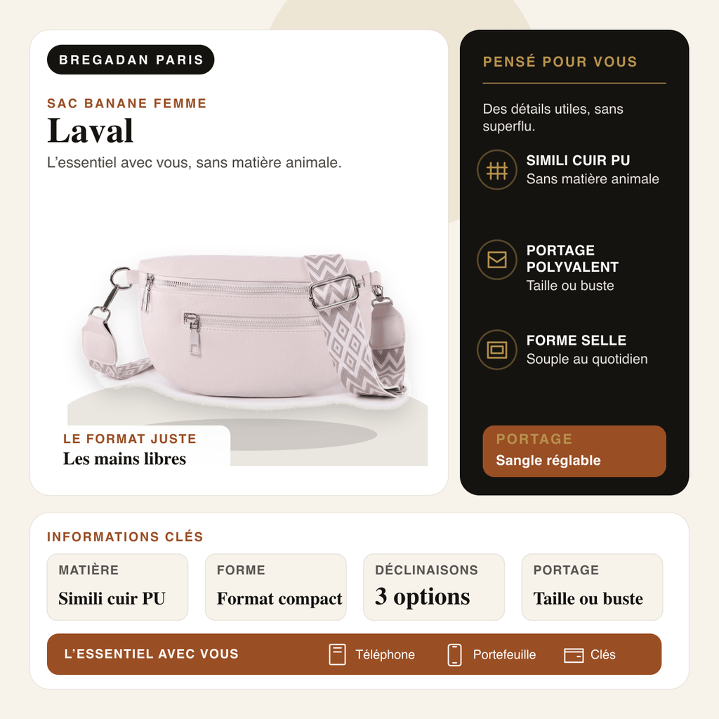 Laval — infographie Bregadan V3 : Simili cuir PU, portage taille ou buste