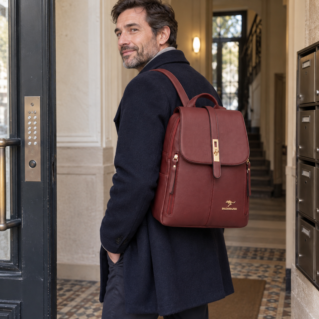 Le Blanc-Mesnil - Sac à dos simili cuir, grande capacité vintage — photo naturelle en situation, entrée d’immeuble