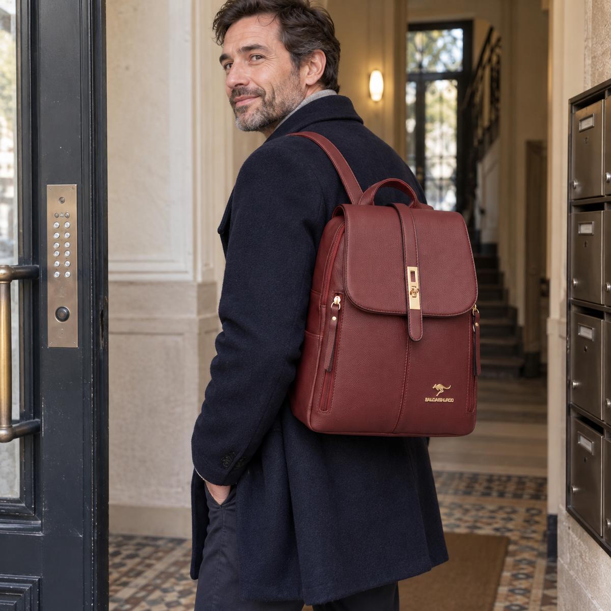 Le Blanc-Mesnil - Sac à dos simili cuir, grande capacité vintage — photo naturelle en situation, entrée d’immeuble