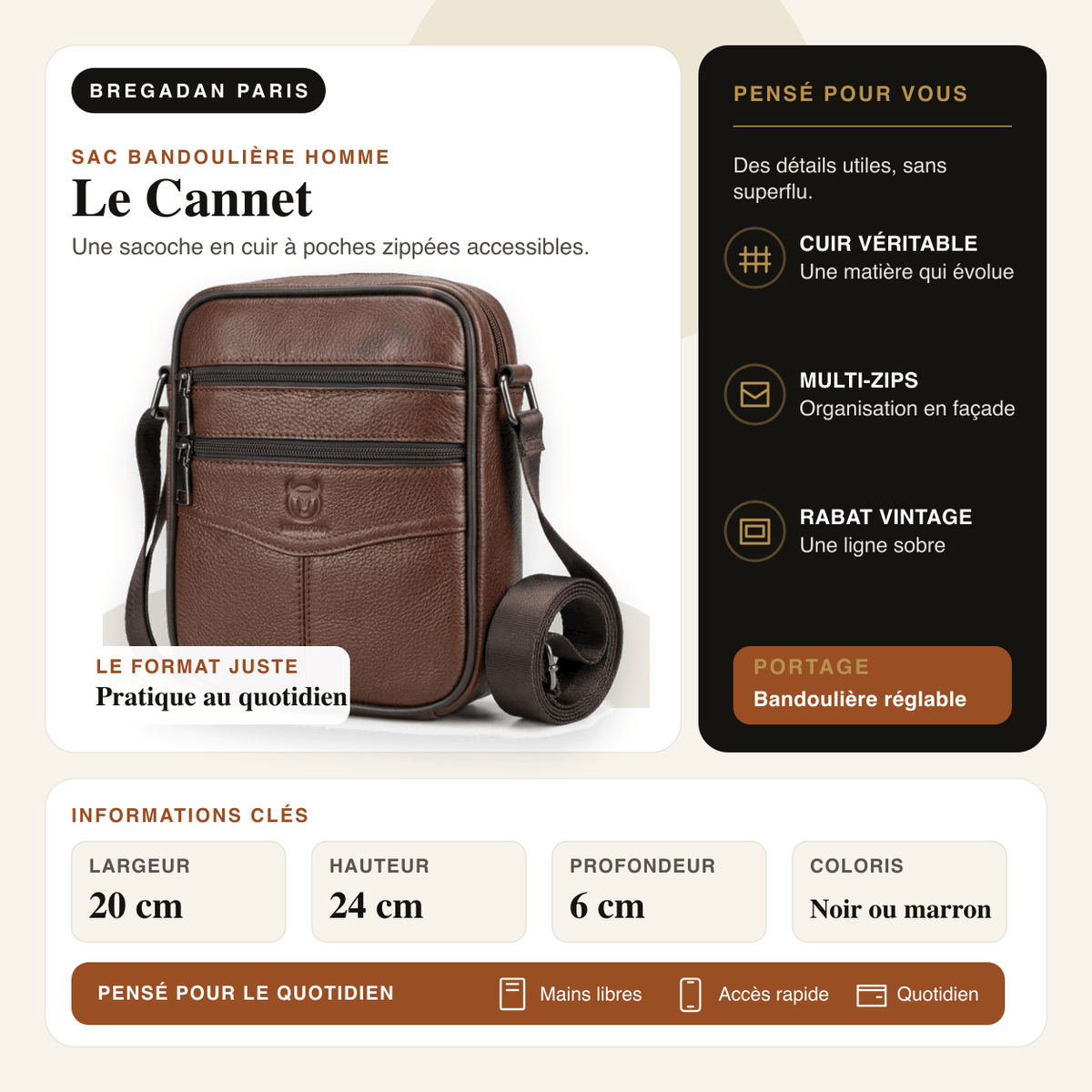 Le Cannet — infographie Bregadan V3 : Une sacoche en cuir à poches zippées accessibles; largeur 20 cm, hauteur 24 cm