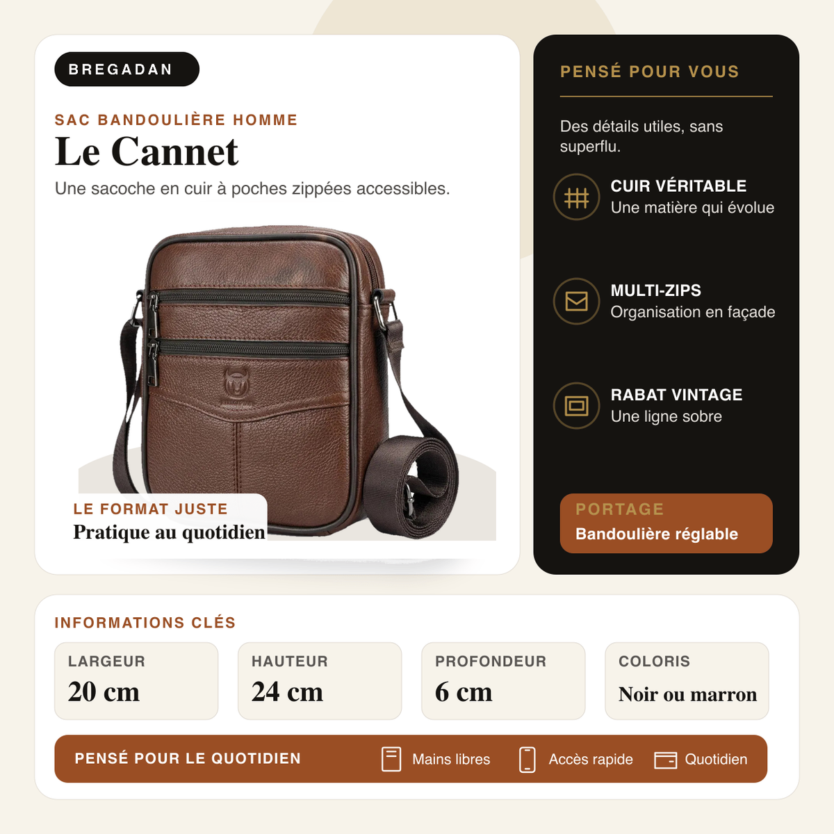 Le Cannet — infographie Bregadan V3 : Une sacoche en cuir à poches zippées accessibles; largeur 20 cm, hauteur 24 cm