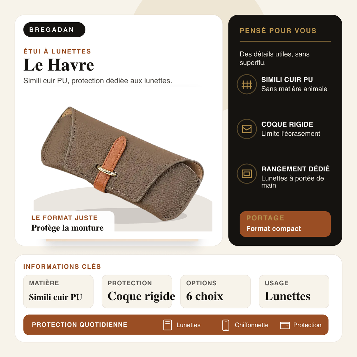 Le Havre — infographie Bregadan V3 : simili cuir pu, protection dédiée aux lunettes, matière Simili cuir PU