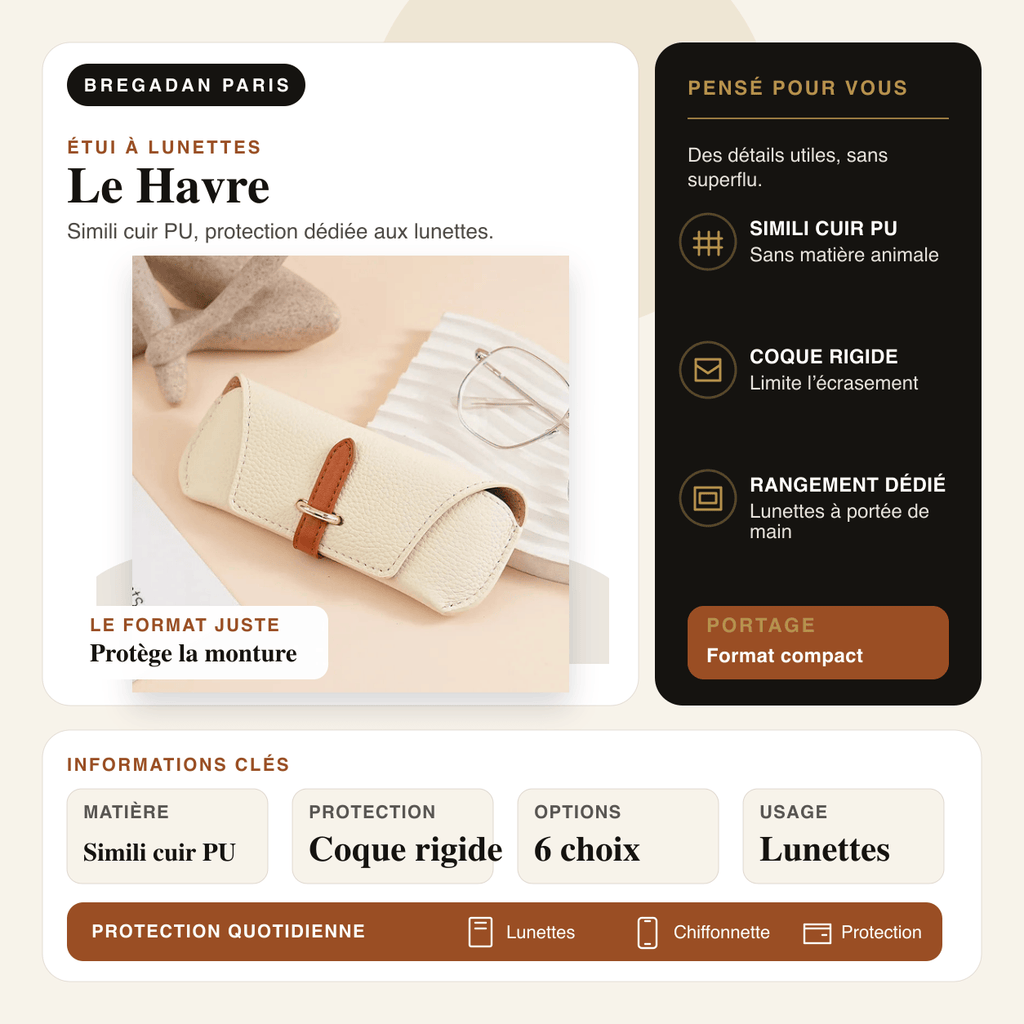 Le Havre — infographie Bregadan V3 : simili cuir pu, protection dédiée aux lunettes, matière Simili cuir PU