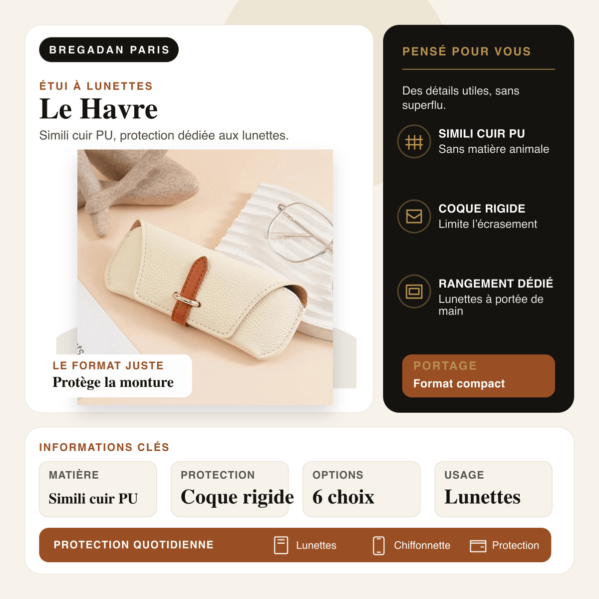 Le Havre — infographie Bregadan V3 : simili cuir pu, protection dédiée aux lunettes, matière Simili cuir PU