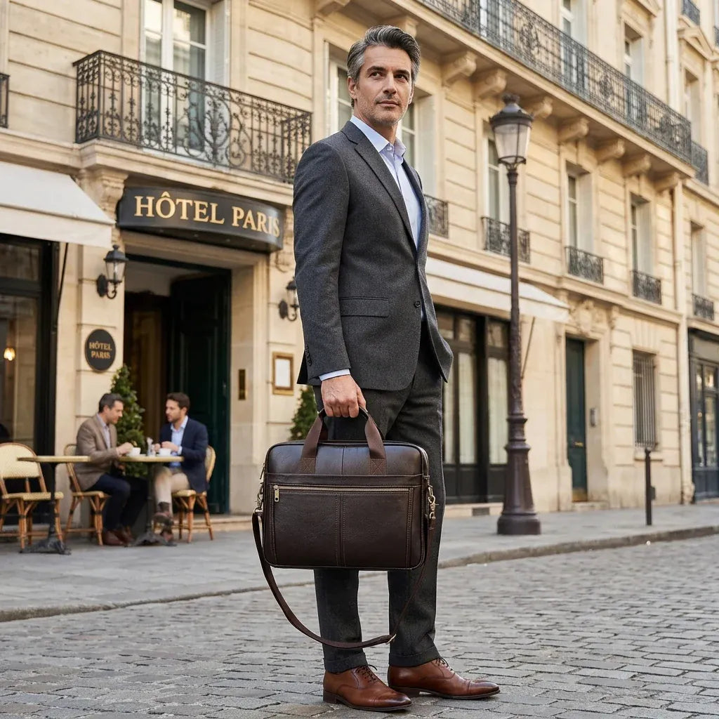 Le Lamentin - Sacoche messager en cuir véritable, porte-documents - mise en situation, coloris brun foncé