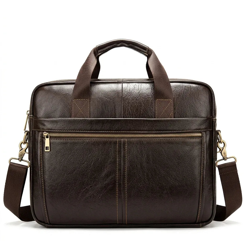 Le Lamentin - Sacoche messager en cuir véritable, porte-documents - packshot sur fond blanc, coloris brun foncé