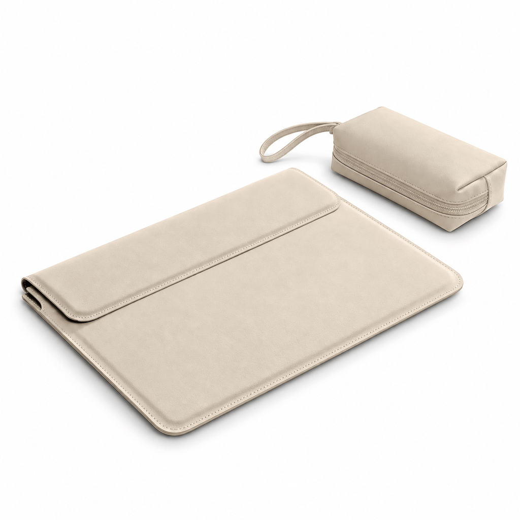Le Mans — Beige — ensemble — étui ordinateur sur fond blanc