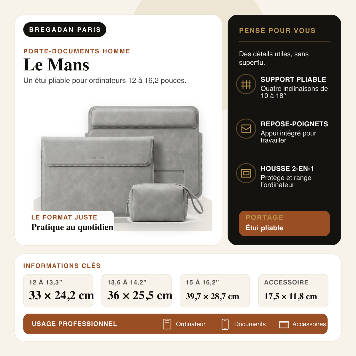 Le Mans — infographie Bregadan V3 : un étui pliable pour ordinateurs 12 à 16,2 pouces, 12 à 13,3” 33 × 24,2 cm, 13,6 à