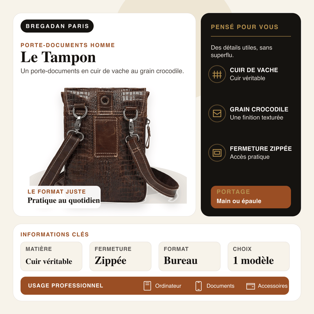 Le Tampon — infographie Bregadan V3 : un porte-documents en cuir de vache au grain crocodile, matière Cuir véritable