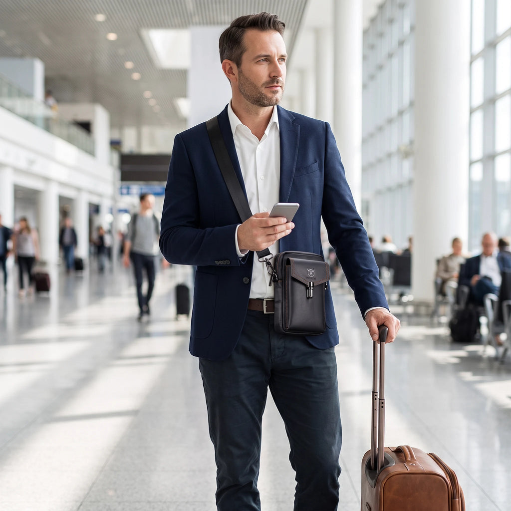Les Abymes - sac banane noir porté par un homme à l'aéroport