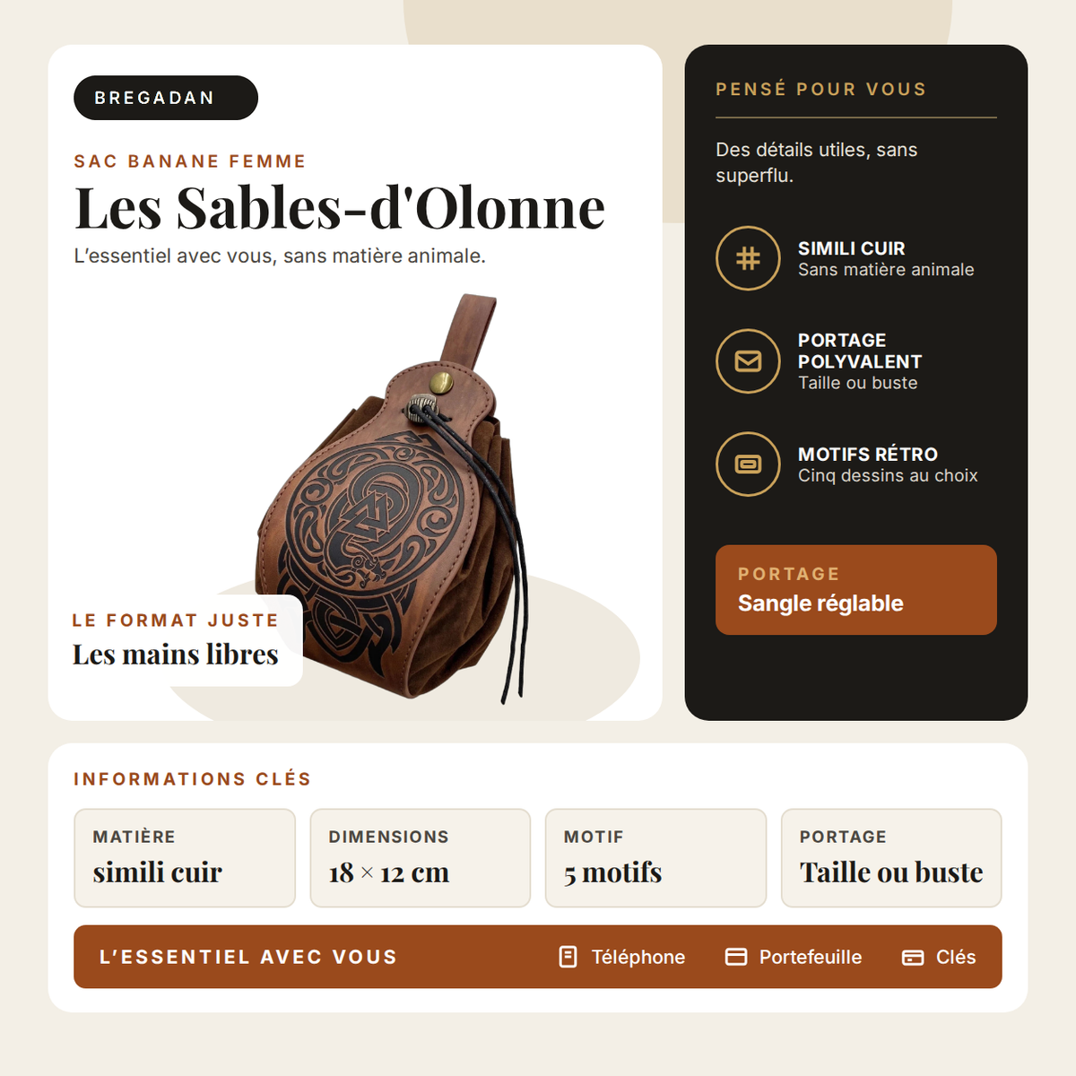 Les Sables-d'Olonne — infographie Bregadan V3 : simili cuir, 18 × 12 cm, portage taille ou buste