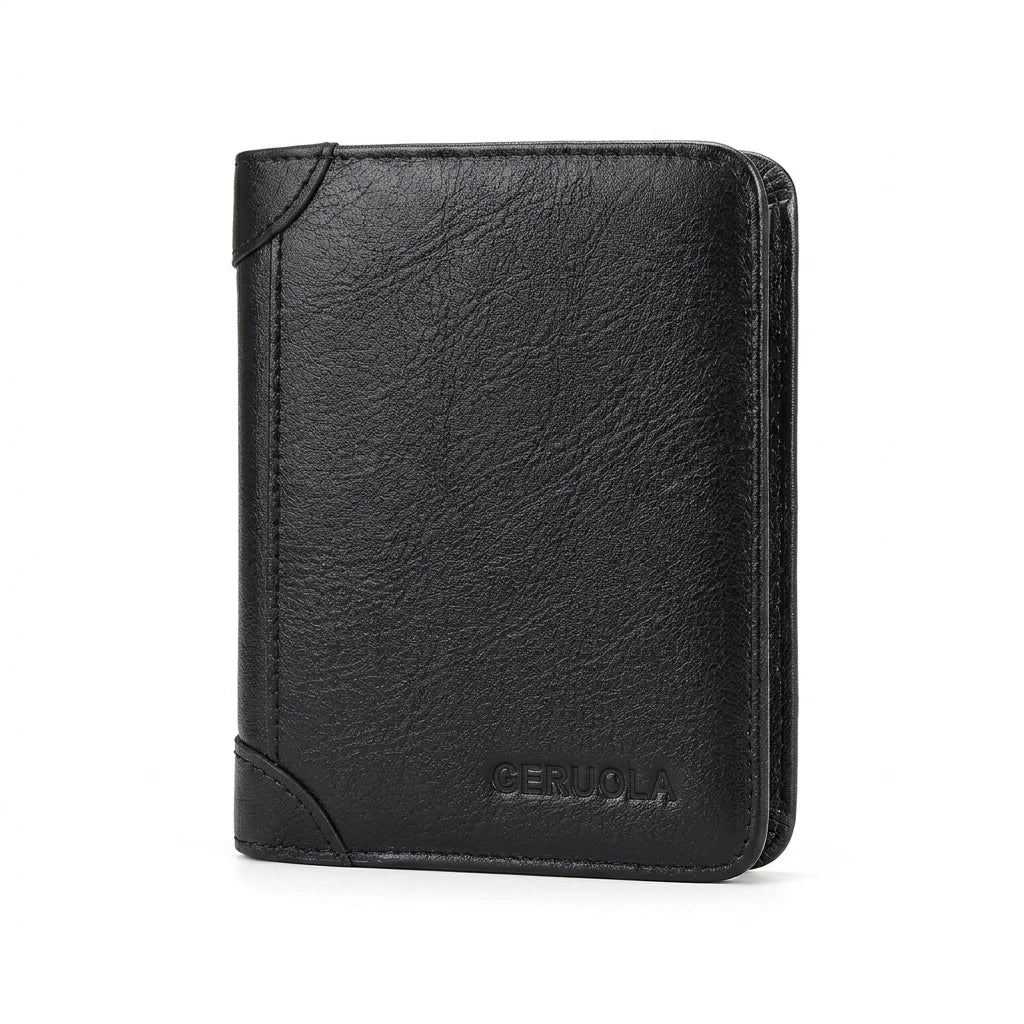 Levallois-Perret - Portefeuille mince en cuir véritable, blindage RFID - packshot sur fond blanc, coloris noir