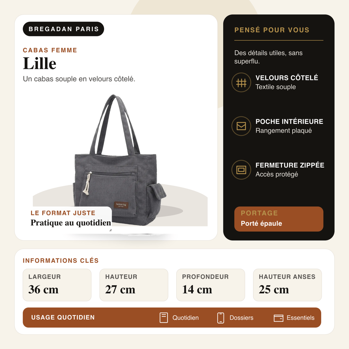 Lille — infographie Bregadan V3 : Un cabas souple en velours côtelé