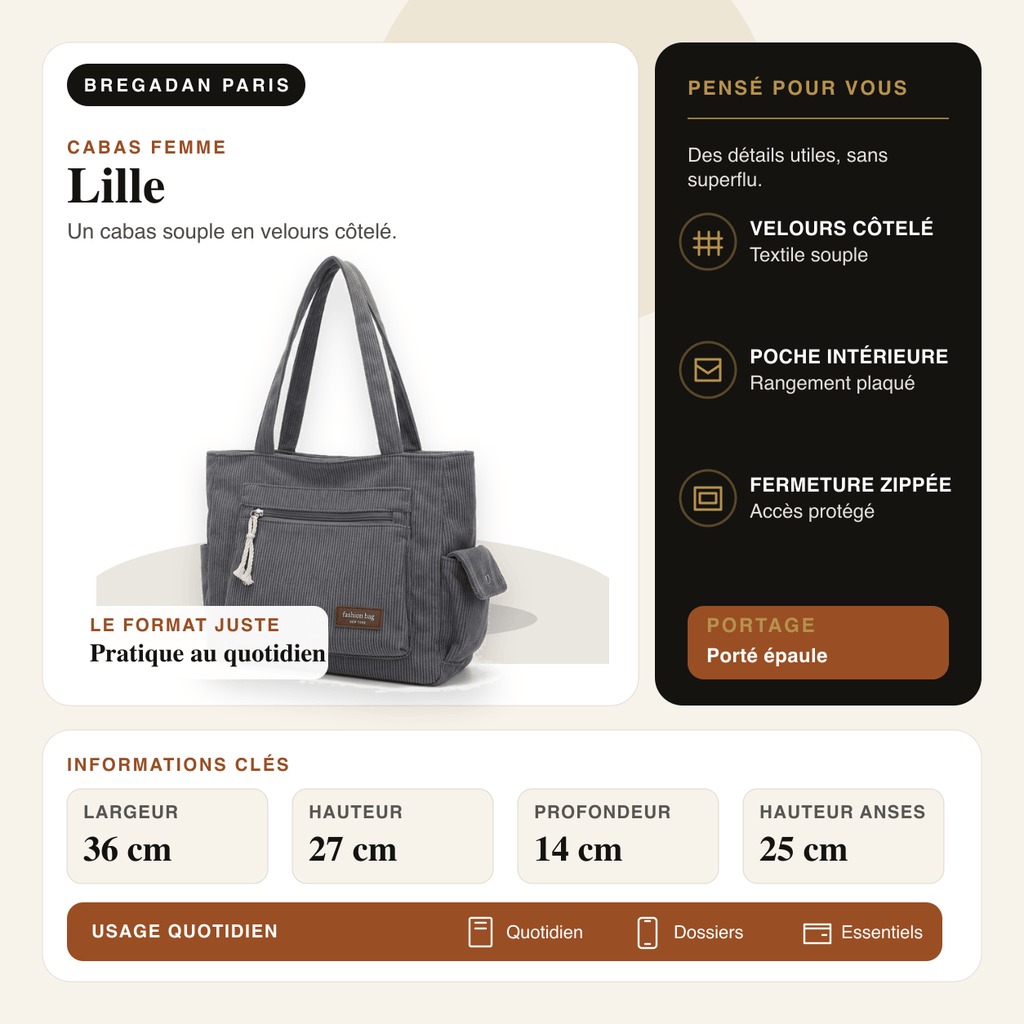 Lille — infographie Bregadan V3 : Un cabas souple en velours côtelé
