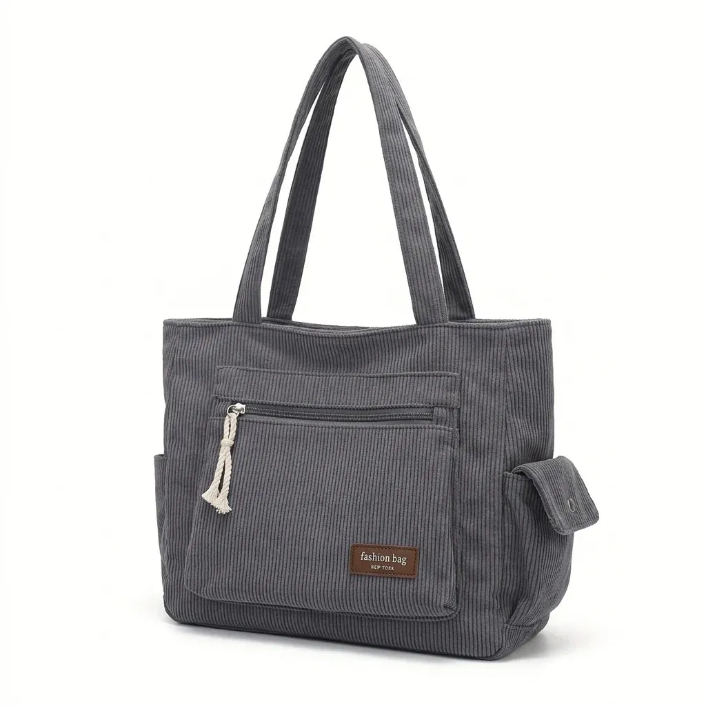 Lille - Cabas en velours côtelé, doublure intérieure - packshot sur fond blanc, coloris gris