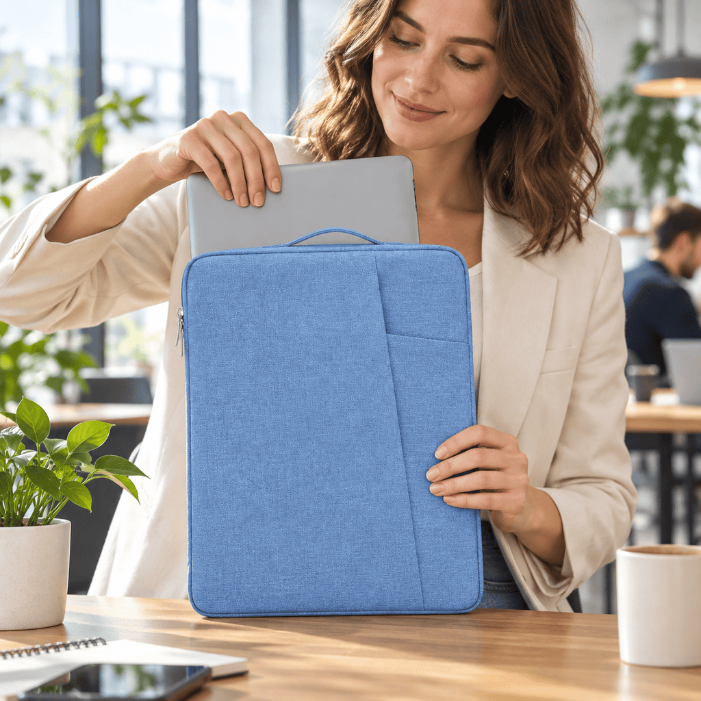 Limoges — housse ordinateur bleu clair portée ou utilisée au quotidien