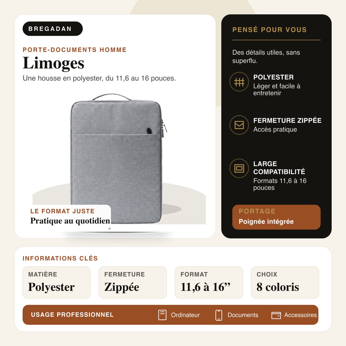 Limoges — infographie Bregadan V3 : une housse en polyester, du 11,6 au 16 pouces, matière Polyester, fermeture