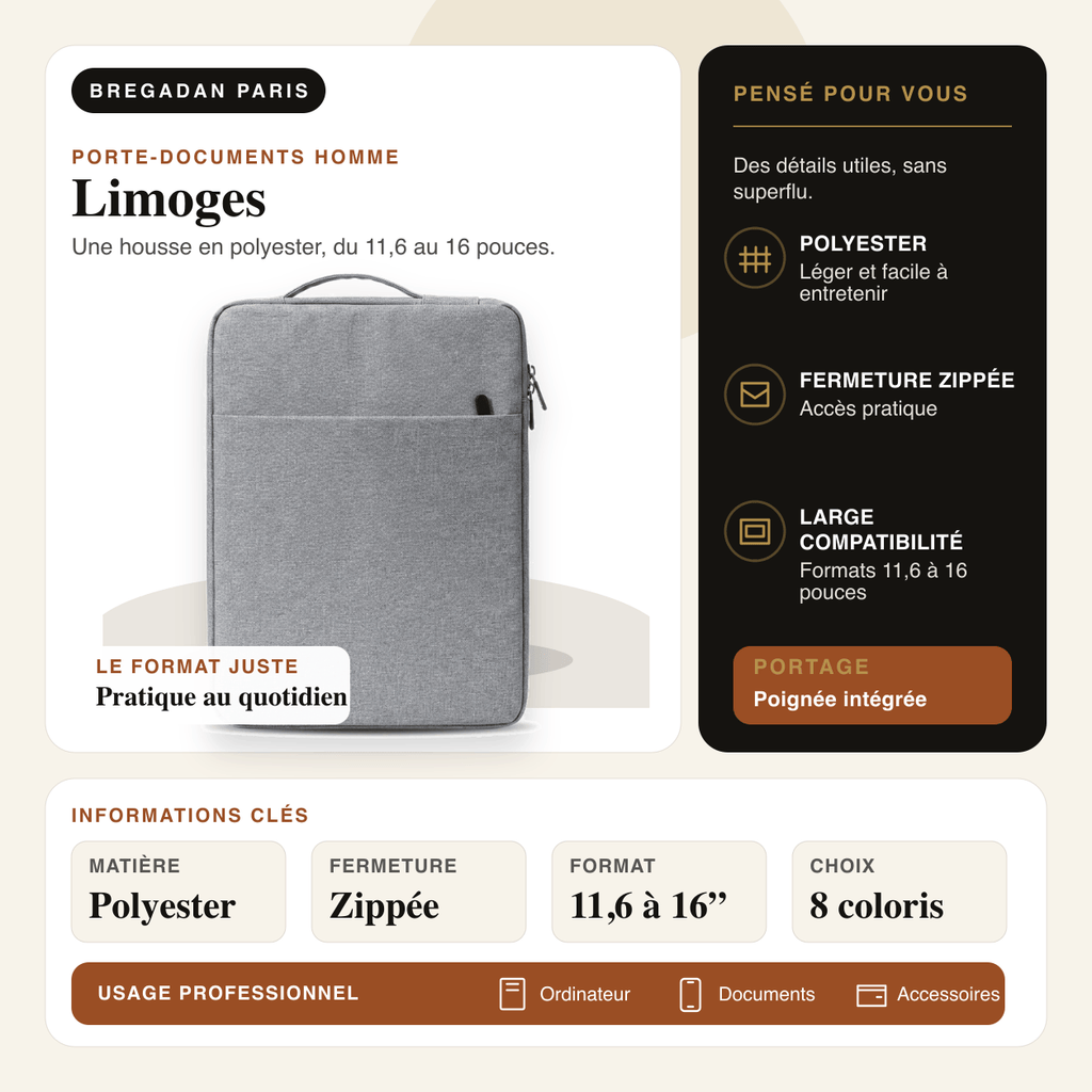 Limoges — infographie Bregadan V3 : une housse en polyester, du 11,6 au 16 pouces, matière Polyester, fermeture