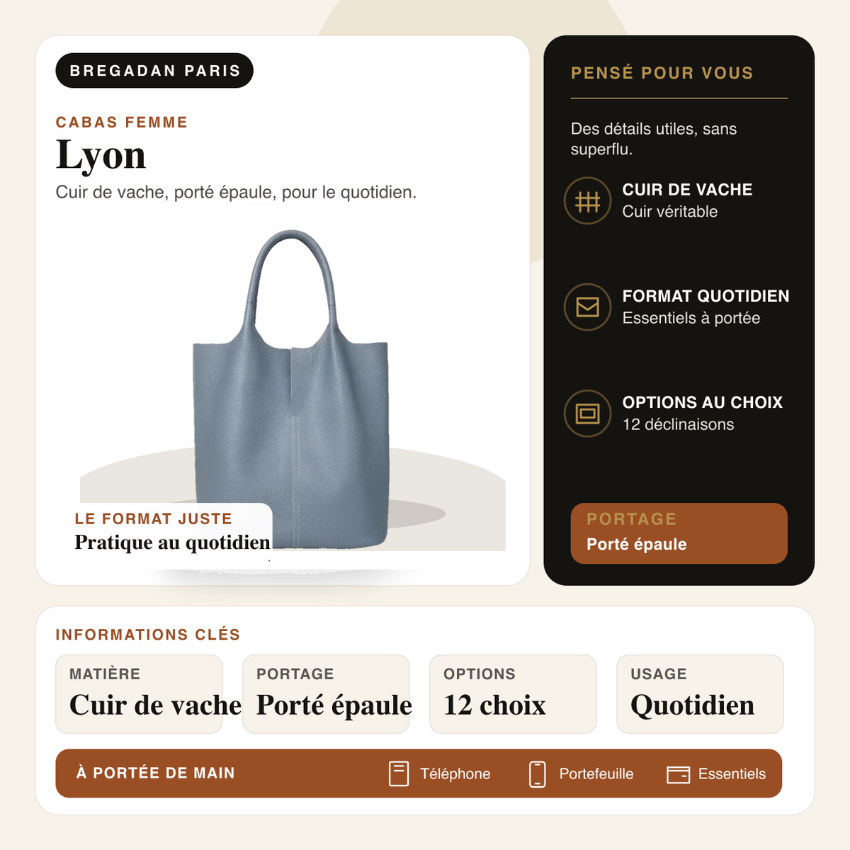 Lyon — infographie Bregadan V3 : cuir de vache, porté épaule