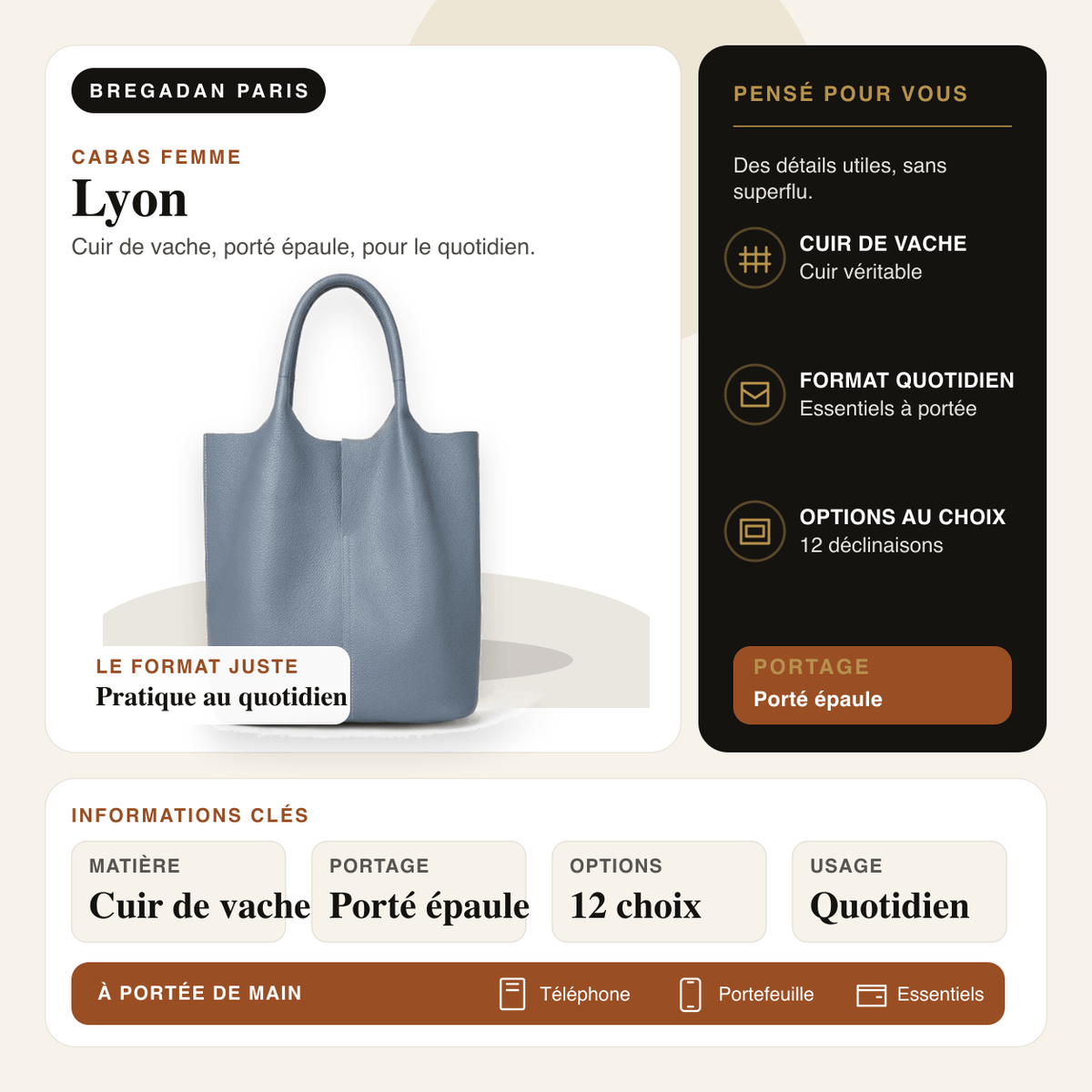 Lyon — infographie Bregadan V3 : cuir de vache, porté épaule