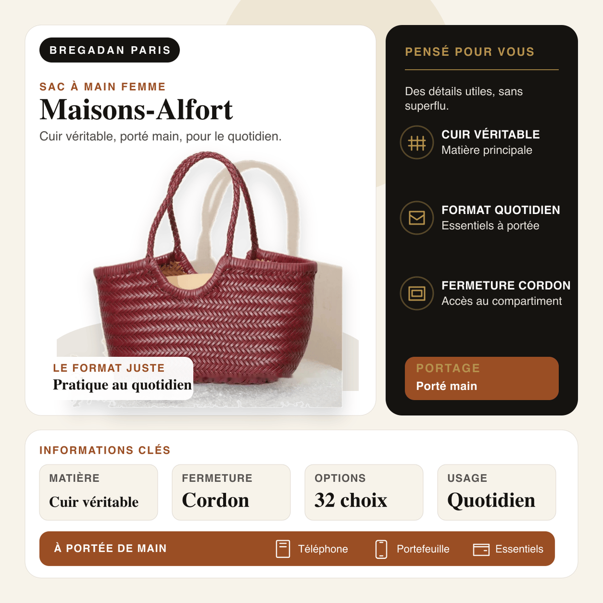 Maisons-Alfort — infographie Bregadan : cuir véritable, porté main