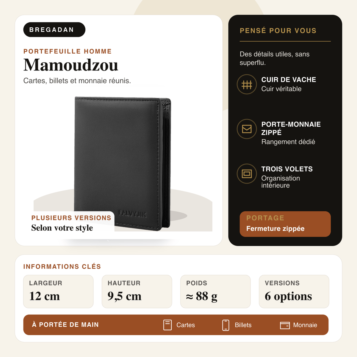 Mamoudzou — infographie Bregadan V3 : cuir véritable, porte-monnaie zippé, trois volets et dimensions 12 × 9,5 cm