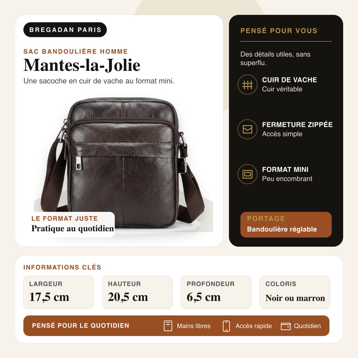 Mantes-la-Jolie — infographie Bregadan V3 : Une sacoche en cuir de vache au format mini; largeur 17,5 cm, hauteur 20,5