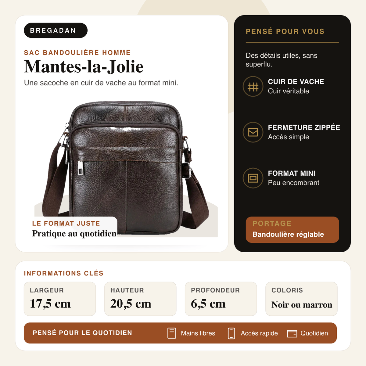Mantes-la-Jolie — infographie Bregadan V3 : Une sacoche en cuir de vache au format mini; largeur 17,5 cm, hauteur 20,5