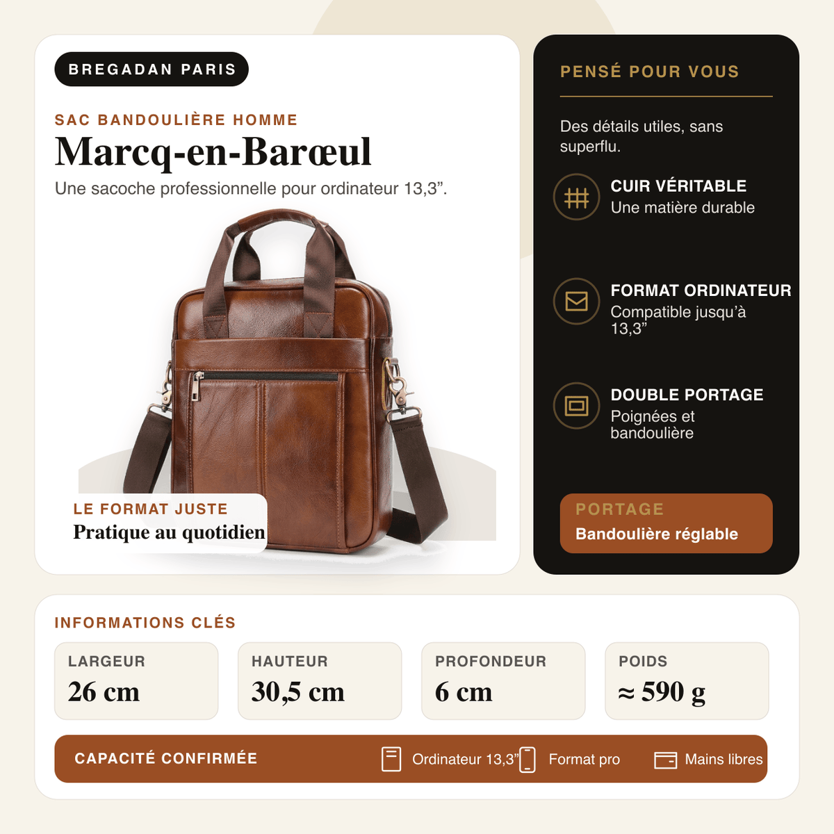 Marcq-en-Barœul — infographie Bregadan V3 : Une sacoche professionnelle pour ordinateur 13,3”; largeur 26 cm, hauteur