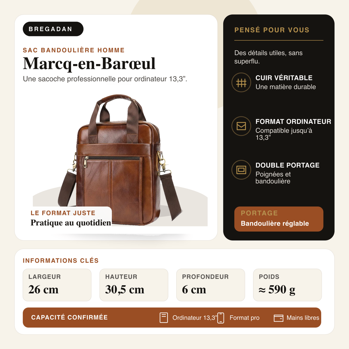 Marcq-en-Barœul — infographie Bregadan V3 : Une sacoche professionnelle pour ordinateur 13,3”; largeur 26 cm, hauteur