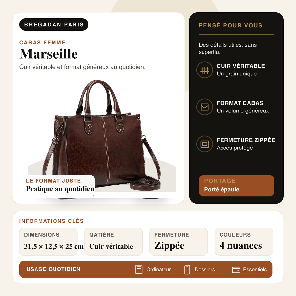 Marseille — infographie Bregadan V3 : Cuir véritable et format généreux au quotidien