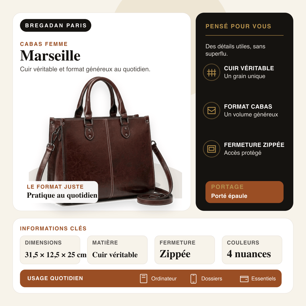 Marseille — infographie Bregadan V3 : Cuir véritable et format généreux au quotidien