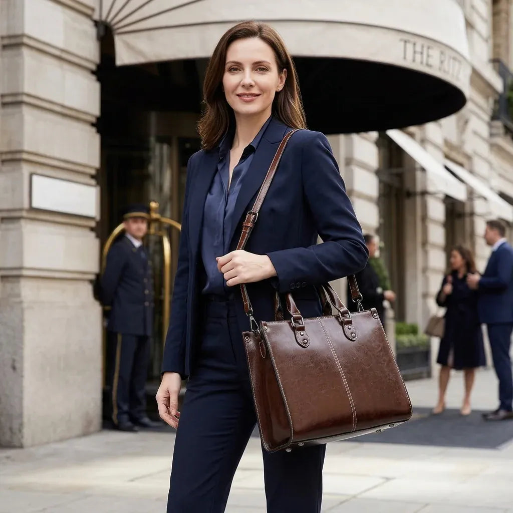 Marseille - Cabas bandoulière en cuir véritable - mise en situation, coloris marron foncé