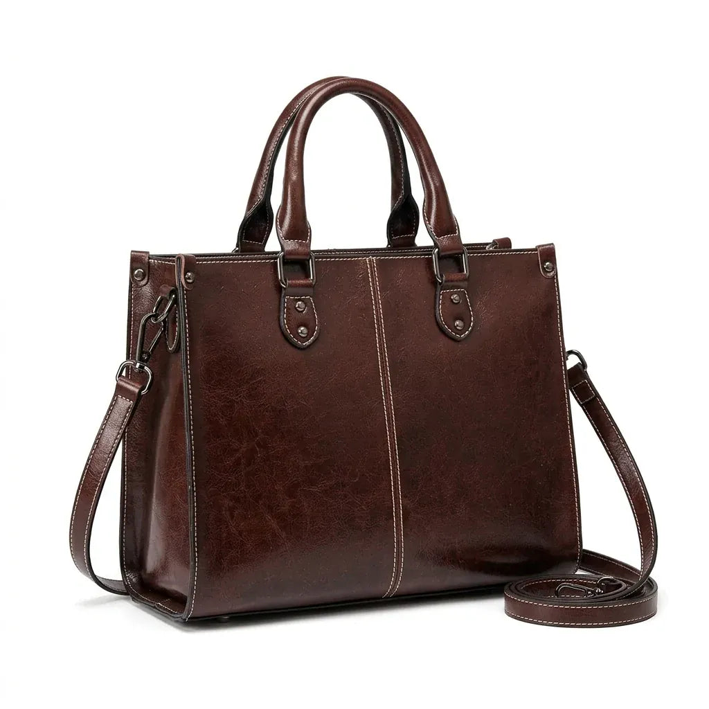 Marseille - Cabas bandoulière en cuir véritable - packshot sur fond blanc, coloris marron foncé