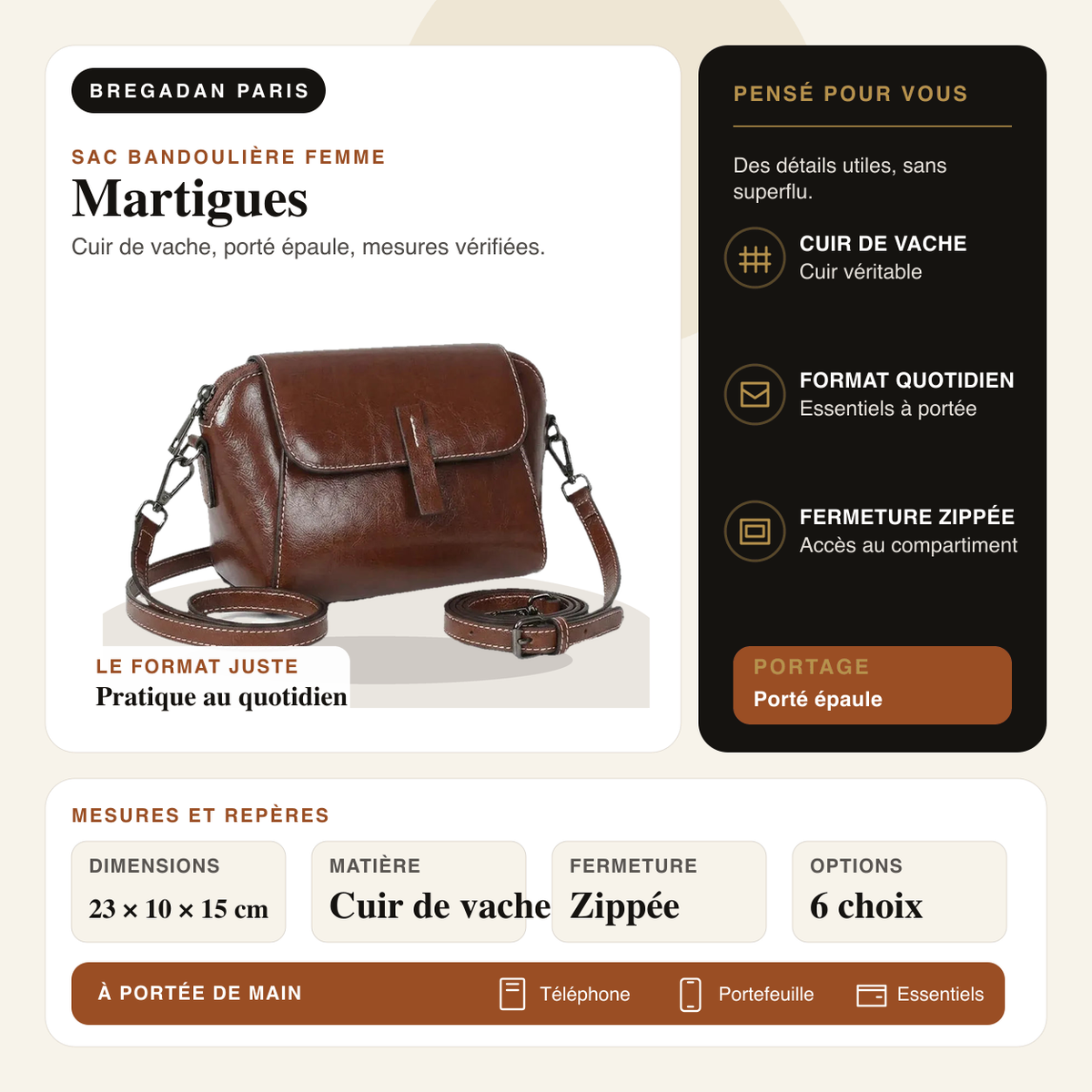 Martigues — infographie Bregadan V3 : cuir de vache, porté épaule, dimensions 23 × 10 × 15cm