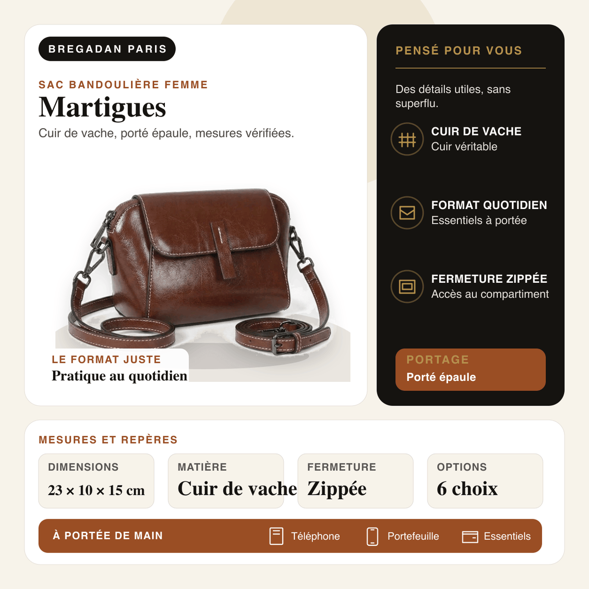 Martigues — infographie Bregadan V3 : cuir de vache, porté épaule, dimensions 23 × 10 × 15cm