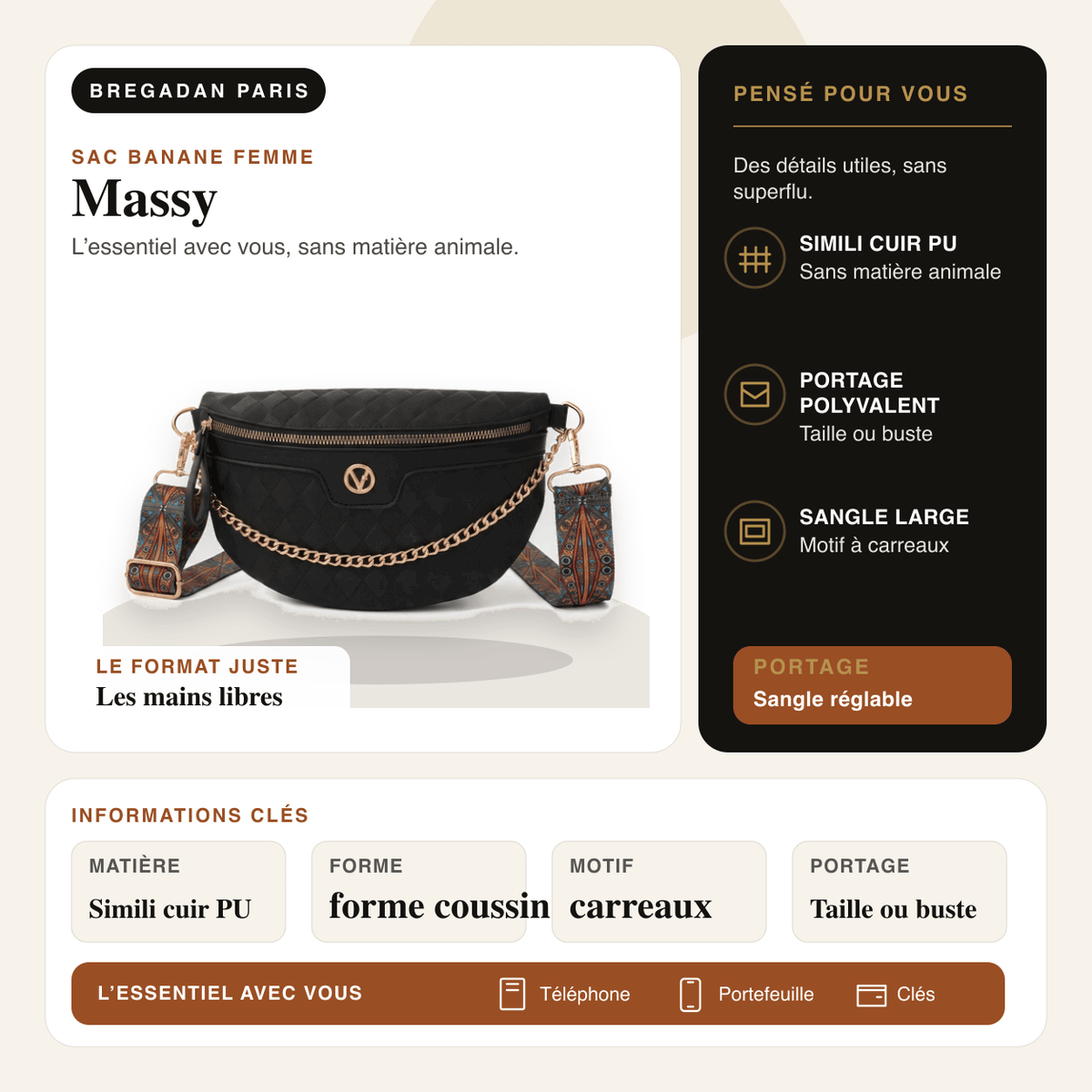 Massy — infographie Bregadan V3 : Simili cuir PU, portage taille ou buste