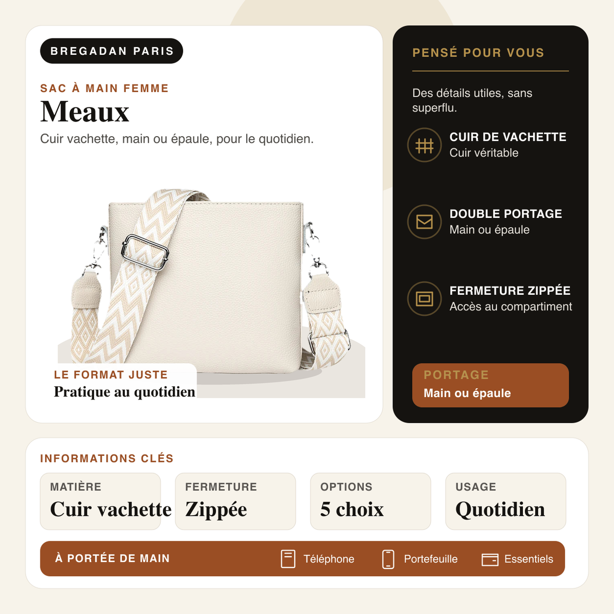 Meaux — infographie Bregadan V3 : cuir vachette, main ou épaule