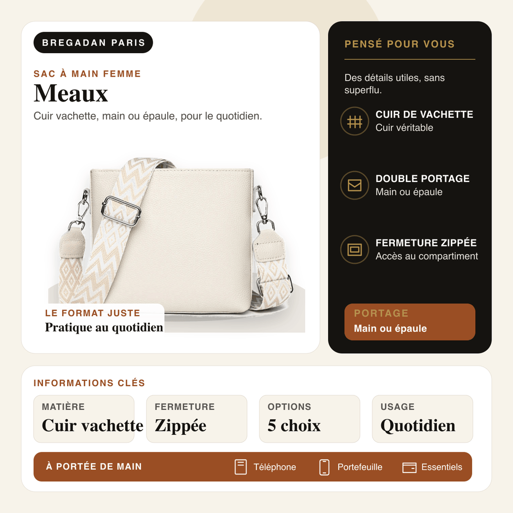 Meaux — infographie Bregadan V3 : cuir vachette, main ou épaule