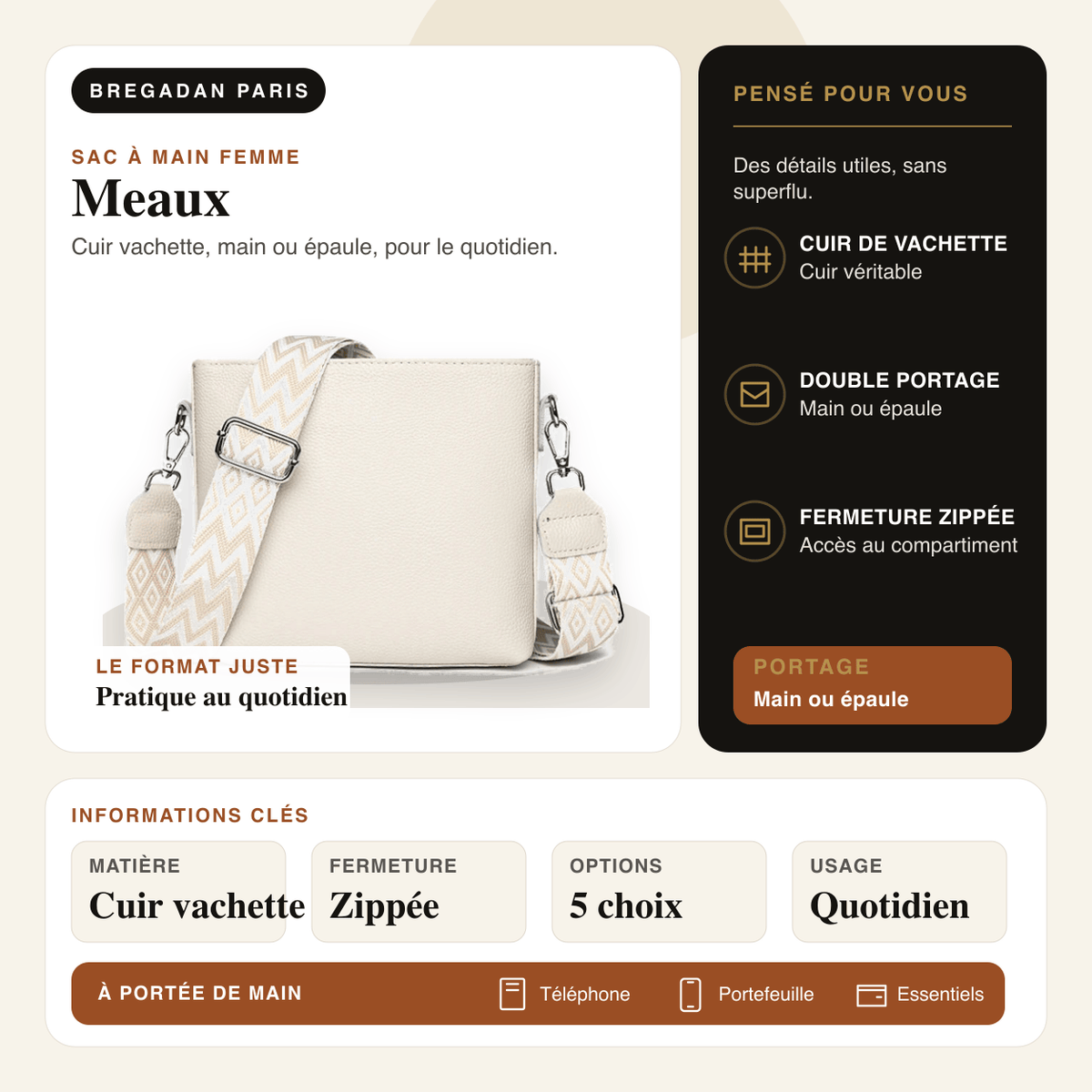 Meaux — infographie Bregadan V3 : cuir vachette, main ou épaule