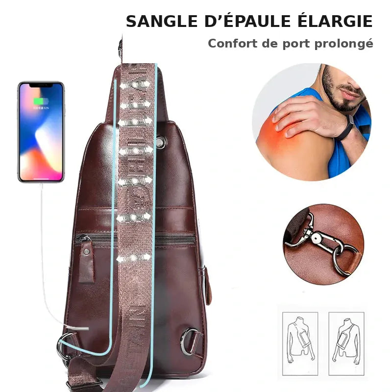 Melun, sac de poitrine en cuir véritable, antivol, sangle d'épaule élargie (5 sur 9)