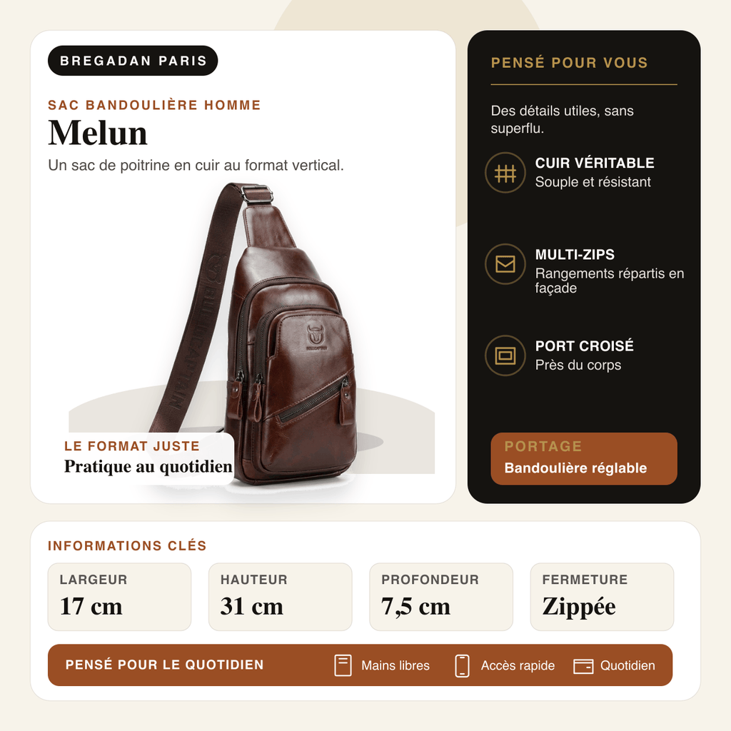 Melun — infographie Bregadan V3 : Un sac de poitrine en cuir au format vertical; largeur 17 cm, hauteur 31 cm
