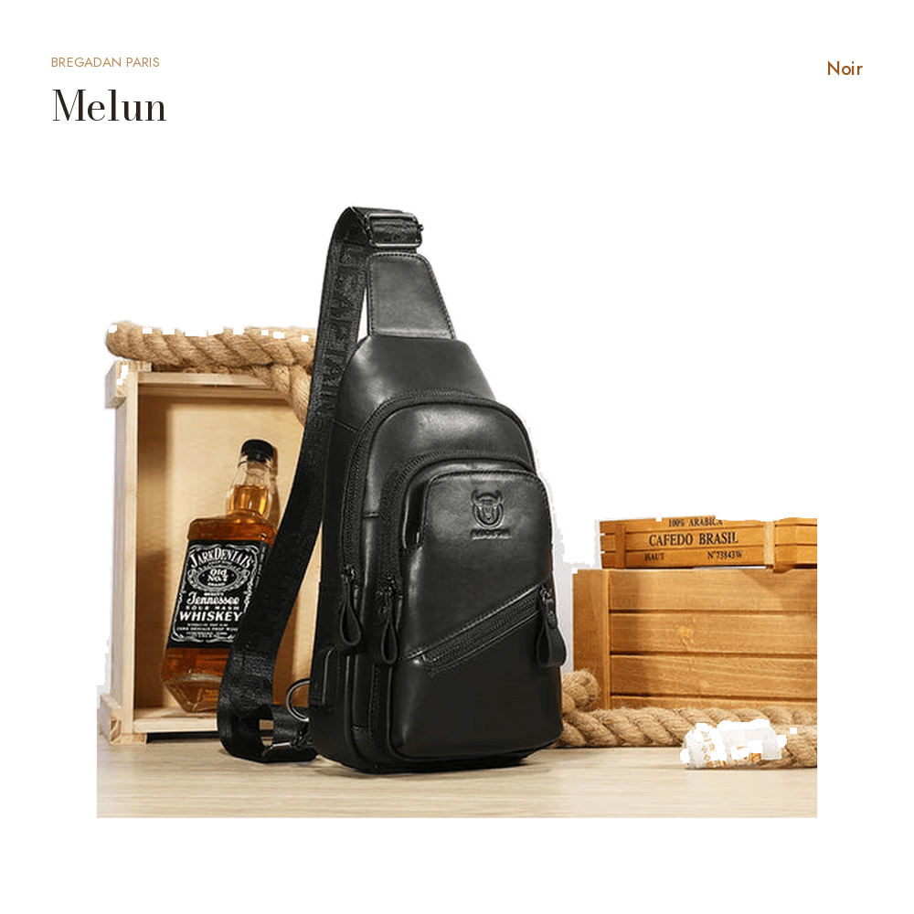 Melun, sac de poitrine en cuir véritable, antivol — Noir