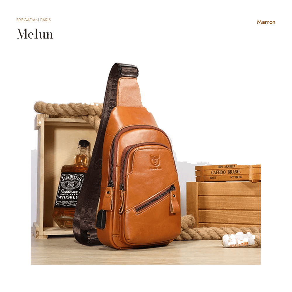 Melun, sac de poitrine en cuir véritable, antivol — Marron