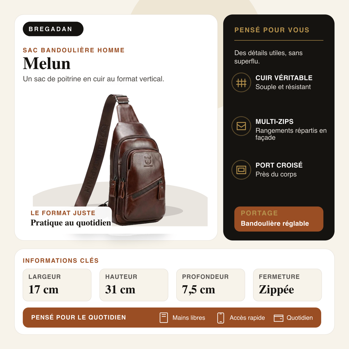 Melun — infographie Bregadan V3 : Un sac de poitrine en cuir au format vertical; largeur 17 cm, hauteur 31 cm